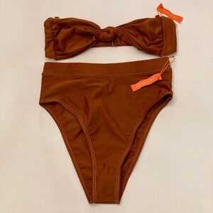 NWT Ookioh Swimsuit 2 Piece Bandeau Top M High Waist Bottom S Brown Mixed Size
